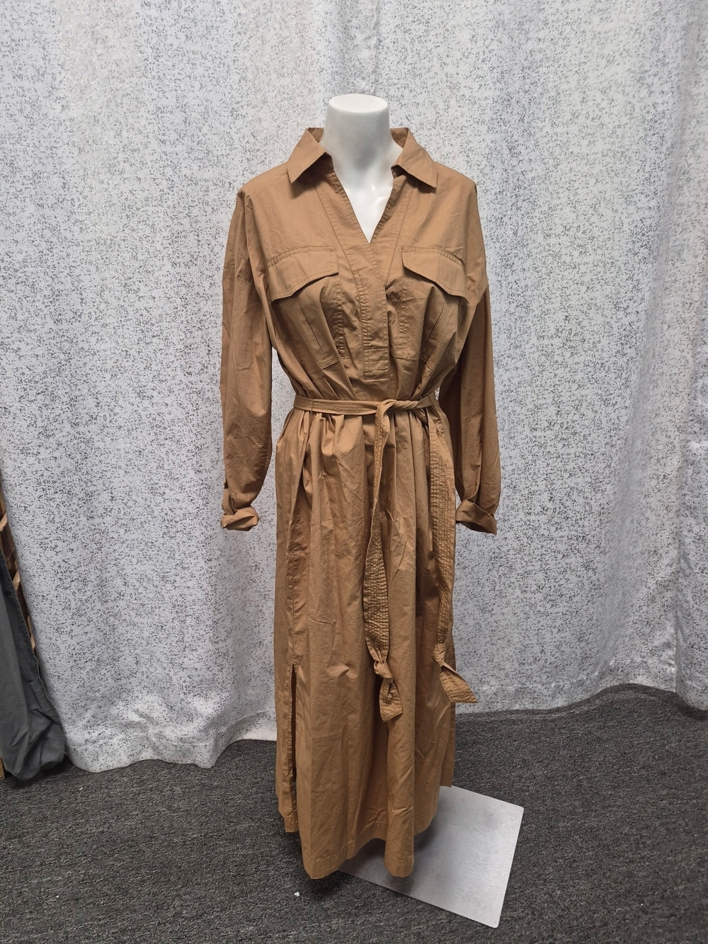 LOFT Tan Long-Sleeve Maxi Shirt Dress with Self Tie